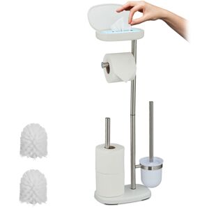 Relaxdays toilet set, HxWxD: 69 x 31 x 16 cm, standing toilet roll holder, toilet brush, spare roll holder, shelf, white