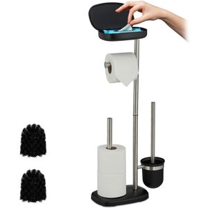Relaxdays toilet set, HxWxD: 69 x 31 x 16 cm, standing toilet paper holder, brush, spare roll holder, shelf, black