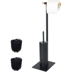 Relaxdays toilet set, HxWxD: 67 x 18 x 21 cm, steel & bamboo, freestanding toilet brush and paper holder, black/natural