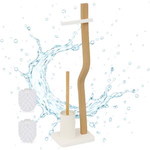 Relaxdays toilet set, HxWxD: 78.5 x 23 x 18 cm, wood & metal, freestanding toilet paper holder with brush, white/natural