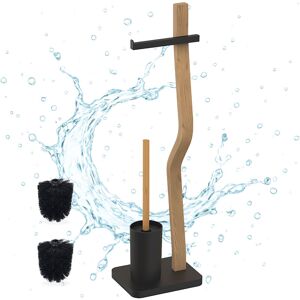 Relaxdays toilet set, HxWxD: 78.5 x 23 x 18 cm, wood & metal, freestanding toilet paper holder with brush, black/natural
