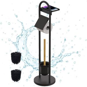 Relaxdays toilet set, HxWxD: 79 x 21.5 x 21.5 cm, standing toilet paper holder with shelf & brush, black/natural