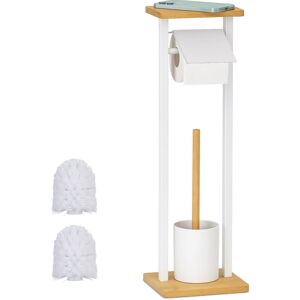 Relaxdays toilet set, shelf, freestanding, HWD: 73.5x20x20 cm, 2 replacement brushes, roll holder & brush, white/natural