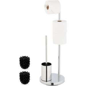 Relaxdays - Toilet Roll Holder and Brush Set, Stainless Steel, HxD 68 x 22 cm, Freestanding Bathroom Paper Stand, Silver
