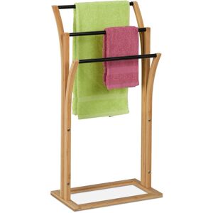 Relaxdays Towel Rack, Bamboo, 3 Staggered Rails, HWD: 82 x 42 x 24 cm, Bathroom Clothes Holder, Standing, Natural/Black