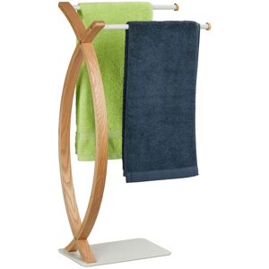 Relaxdays - Towel Holder, 2 Bars, Free-Standing, HxWxD: 79.5 x 42 x 28 cm, Bathroom Towel Rail, Steel & mdf, White/Natural
