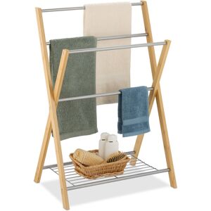 Towel Rack, with 4 Rails and Shelf, 87x60.5x37.5 cm, Bathroom & Shower Airer, Bamboo & Iron, Natural/Silver - Relaxdays