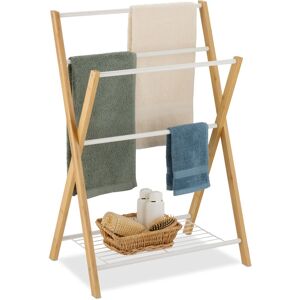 Relaxdays - Towel Rack, with 4 Rails and Shelf, 87 x 60.5 x 37.5 cm, Bathroom & Shower Airer, Bamboo & Iron, Natural/White