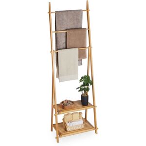 Relaxdays Towel Stand Bamboo, 3 Bars, 2 Storage Shelves, HWD: 153 x 53.5 x 30 cm, Free-Standing, Bathroom Rack, Natural