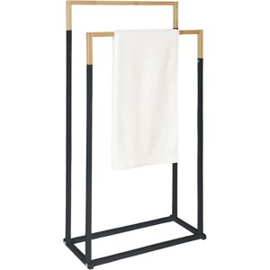 Relaxdays towel holder, HxWxD: 86 x 44 x 21 cm, metal, bamboo, 2 rods, freestanding design, black/natural