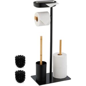 Relaxdays - Toilet Roll Holder and Brush Set, Bamboo, hwd: 66.5x30x20 cm, Free-Standing, with Shelf, Black/Natural