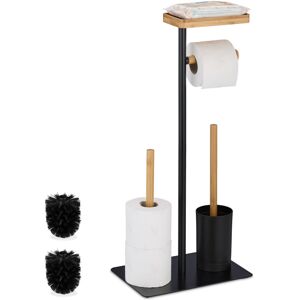 Wc Set, Bamboo, Stainless Steel, Free-standing, incl. 2 Spare Heads, Toilet Roll & Brush Holder, Black/Natural - Relaxdays