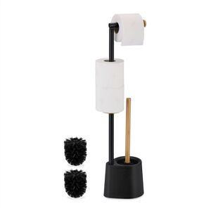 Wc Set, Bamboo, Stainless Steel, Free-standing, 2 Spare Heads, Toilet Roll & Brush Holder, Black - Relaxdays
