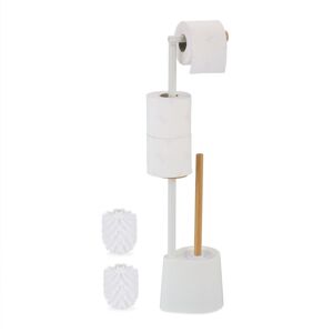 Wc Set, Bamboo, Stainless Steel, Free-standing, 2 Spare Heads, Toilet Roll & Brush Holder, White - Relaxdays