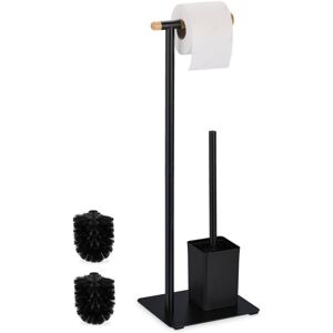 Wc Set, Bamboo, Stainless Steel, Free-standing, incl. 2 Spare Heads, Toilet Roll & Brush Holder, Black/Natural - Relaxdays