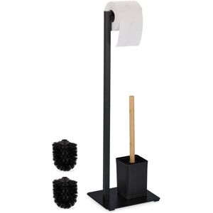 Wc Set, Bamboo, Stainless Steel, Free-standing, incl. 2 Spare Heads, Toilet Roll & Brush Holder, Black/Natural - Relaxdays