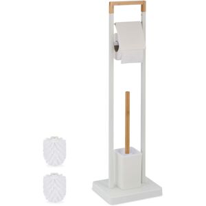 Relaxdays - wc Set, Bamboo, Stainless Steel, Free-standing, 2 Spare Heads, Toilet Roll & Brush Holder, White/Natural