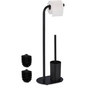 Wc Set, Bamboo, Stainless Steel, Free-standing, incl. 2 Spare Heads, Toilet Roll & Brush Holder, Matt Black - Relaxdays