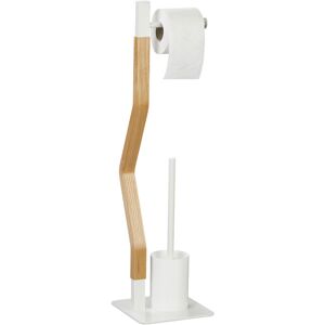 Wc Set, Standing Toilet Paper Holder, Brush with Holder, Bathroom Accessory, 76 x 20 x 20 cm, White/Natural - Relaxdays