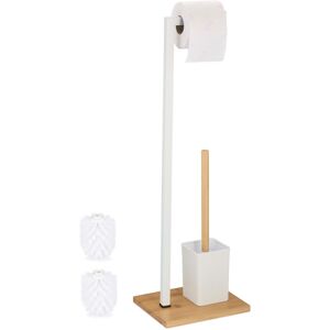 Relaxdays WC Set, Bamboo, Stainless Steel, Free-standing, incl. 2 Spare Heads, Toilet Roll & Brush Holder, White/Natural