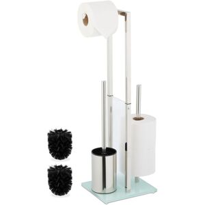 Relaxdays Toilet Roll Holder and Brush Set, Freestanding, Spare Paper Stand, HWD: 64.5x24x18 cm, Stainless Steel, Silver