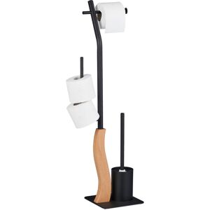 Wc Set, Standing Toilet Paper Holder, Brush with Holder, Bathroom Accessory, 87 x 20 x 20 cm, Black/Natural - Relaxdays