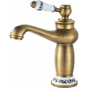 Alwaysh - Retro Bathroom Faucet, Basin Faucet Ceramic Handle Single Lever Basin Mixer Tap, Hot and Cold Water Bathroom Faucet, Brass