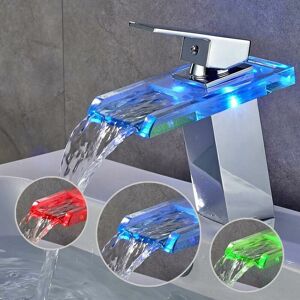 Dewdat - rgb led Waterfall Basin Faucet 3 Color Change Bathroom Mixer Tap Chrome Brass Bathroom Glass Waterfall Faucet