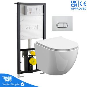 GRAVAHAUS Rimless Wall Hung Toilet Pan with vitra 1.12m Concealed Cistern Frame - Loop o - Chrome Dual Flush Plate
