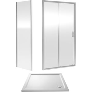 BALTERLEY 6mm Toughened Safety Glass Sliding Shower Door, Side Panel and Shower Tray - 1000 x 760 x 1900mm - Chrome Frame - White Tray