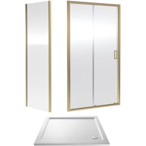 BALTERLEY 6mm Toughened Safety Glass Sliding Shower Door, Side Panel and Shower Tray - 1000 x 760 x 1900mm - Brushed Brass Frame - White Tray
