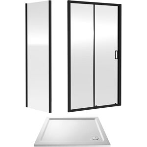 BALTERLEY 6mm Toughened Safety Glass Sliding Shower Door, Side Panel and Shower Tray - 1000 x 760 x 1900mm - Matt Black Frame - White Tray