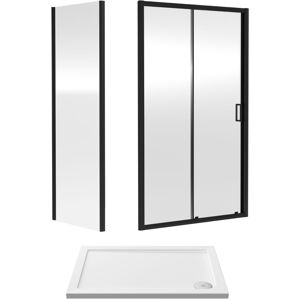 BALTERLEY 6mm Toughened Safety Glass Sliding Shower Door, Side Panel and Shower Tray - 1000 x 700 x 1900mm - Matt Black Frame - White Tray