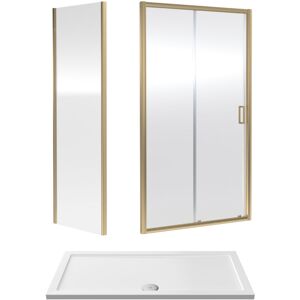 BALTERLEY 6mm Toughened Safety Glass Sliding Shower Door, Side Panel and Shower Tray - 1400 x 700 x 1900mm - Brushed Brass Frame - White Tray