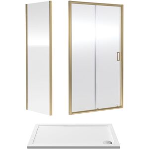 BALTERLEY 6mm Toughened Safety Glass Sliding Shower Door, Side Panel and Shower Tray - 1200 x 700 x 1900mm - Brushed Brass Frame - White Tray