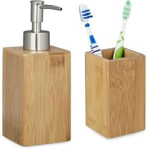 RELAXDAYS 2-piece bamboo bathroom set, toothbrush cup, manual soap dispenser, lotion dispenser, natural
