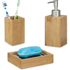RELAXDAYS 3-piece bamboo bathroom accessory set, refillable soap dispenser, soap dish, toothbrush holder, natural