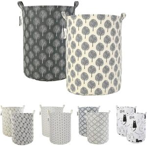Linghhang - Set of 2 Foldable, Self-Expanding, Waterproof, Round, Cotton and Linen Laundry Baskets