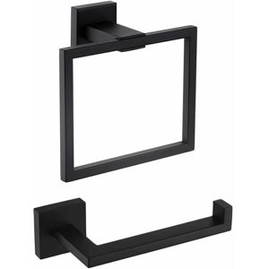 Dewdat - Set of 2 Toilet Paper Holder and Towel Ring Black Bathroom Accessory Set, Square Towel Ring - Black, Paper Towel Holder