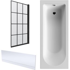 Balterley - 1700 x 700mm Shower Bath Bundle Single End Round Tub, Front Panel & Square Bath Screen - Black Framed