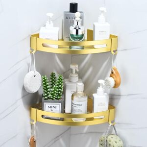 Ikodm - Shower Caddy, Rustproof Metal Storage Basket with 4 Hooks, Adhesive Wall Mounted Shelf (Gold, 2 Tier)