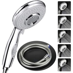 Longziming - Shower Head + 2M Flexible Shower Hose, Shower Head with Hose, 5 Water Saving Modes and Switch Button, High Pressure Hand Shower Head