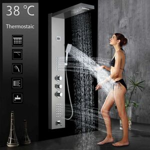 Zamery - Shower Panel System Thermostatic Stainless Steel 5 Functions Rainfall Waterfall Shower Head Hydroelectricity Massage Jet Handheld Shower