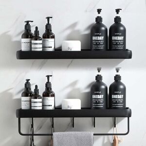DEWDAT Shower Shelf without Drilling Bathroom Shelf with Towel Rail and Aluminum Hook Storage Shelf for Shower and Kitchen Set of 2 Black