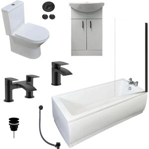 HYDROS Complete Bathroom Suite with Siera Bath + Screen + Vanity + Toilet + Black Taps, With Shower Valve