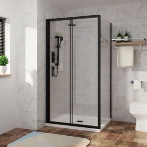 NRG Sliding Shower Enclosure Door Easy Clean Glass Matte Black Bathroom Cubicle Screen with Side Panel 1000 x 900mm