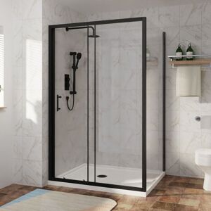 NRG Sliding Shower Enclosure Door Easy Clean Glass Matte Black Bathroom Cubicle Screen with Side Panel 1200 x 900mm