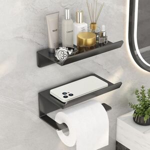 Sollbry Toilet Paper Holder Set, Toilet Paper Holder with Shelf and Cell Phone Holder, Wall Mounted or Self Adhesive, Toilet Paper Roll Holder - Grey