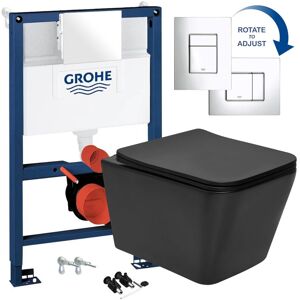 Black Square Hidden Fixation Rimless Wall Hung Toilet Pan & Grohe 0.82m Concealed wc Cistern Frame