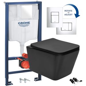 Black Square Hidden Fixation Rimless Wall Hung Toilet Pan & Grohe 1.13m Concealed wc Cistern Frame
